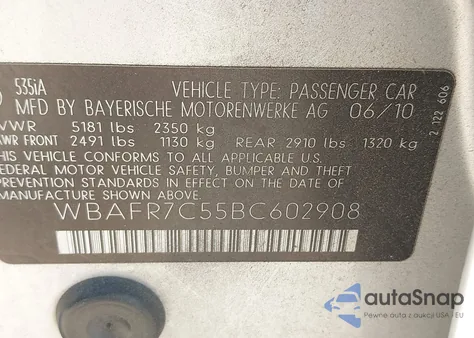 2011 BMW 535I из США, поврежденный, VIN WBAFR7C55BC602908